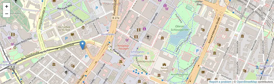 Straßenkarte mit Hervorhebung des PMZ-BW auf Open Street Map.